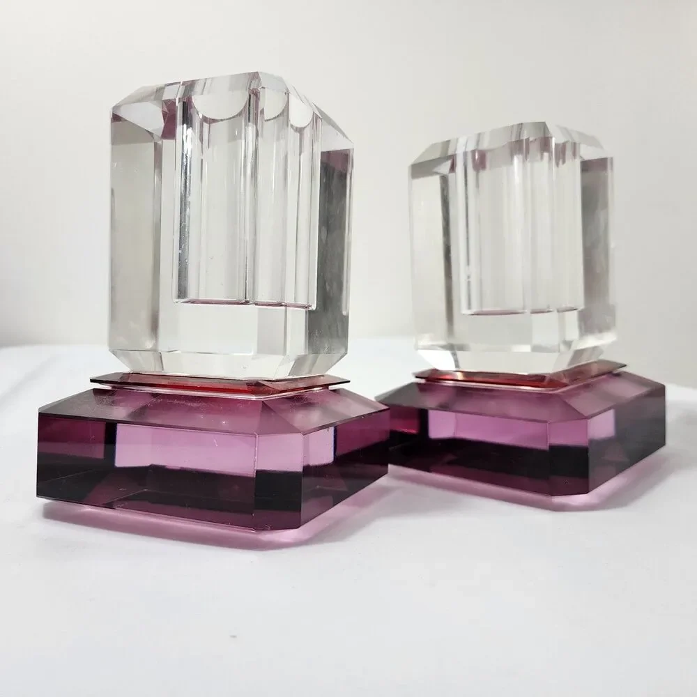 Anthropologie Crystal Cut Glass Vase Clear Pink 2Pc Set Stacked Footed Square